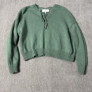 THE GREAT Green V Neck Lace-Up Pullover Sweater Cotton Size 1